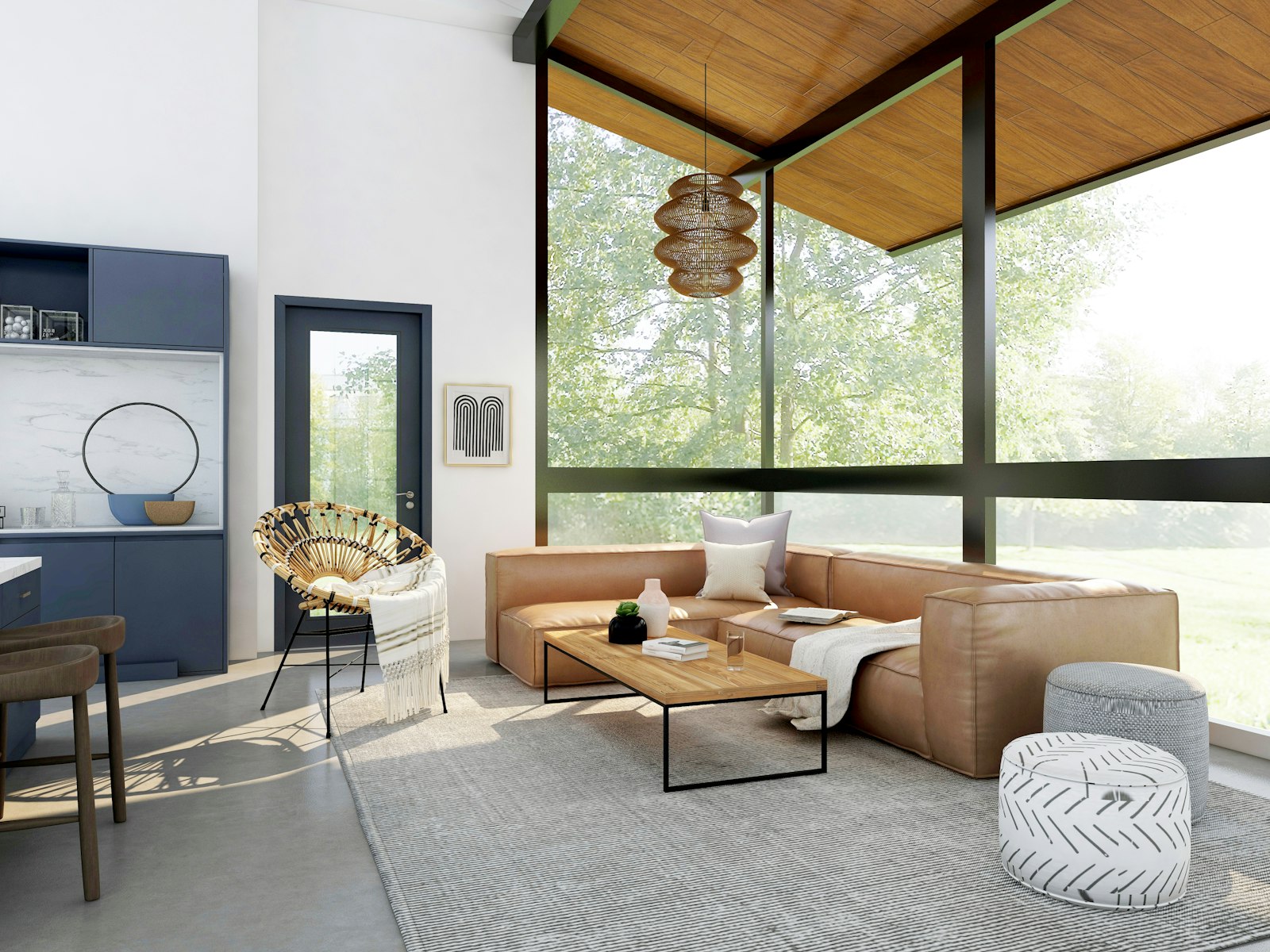 Penthouse living room with a timber ceiling, leather seating and full-height glazing onto greenery.